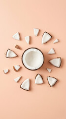 Top-view composition of fresh coconut halves and scattered coconut pieces on a clean pink pastel background