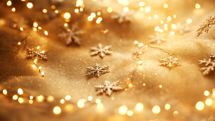 Sparkling golden background with shiny snowflakes and warm bokeh lights for festive celebration