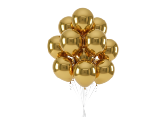 a cluster of ten reflective gold metallic helium balloons with chrome finish and white silk ribbons, isolated on a transparent high-key studio background. concept for luxury celebration