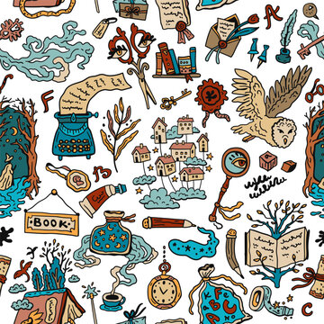 Doodles on a notebook sheet. Ink magic sketches for school, university. Textbook cover background. Hand-drawn. A colored seamless pattern with owl, printed book, house, fairytale forest