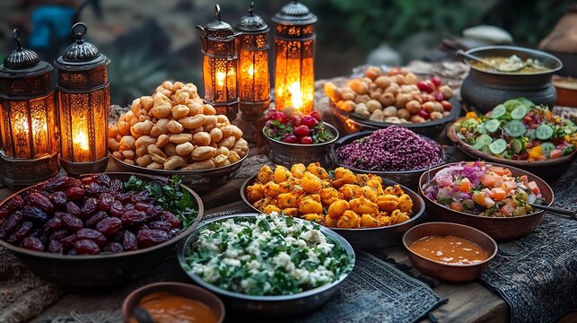 Ramadan iftar spread with dates pakoras chana chaat fruit salad and refreshing rooh afza arranged next to prayer mats and glowing lanterns