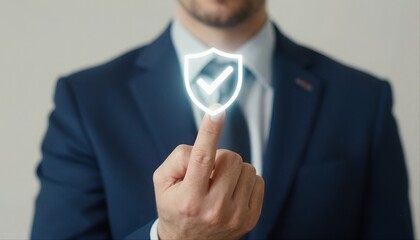 Close-up of a businessman pointing, glowing shield with white checkmark.
