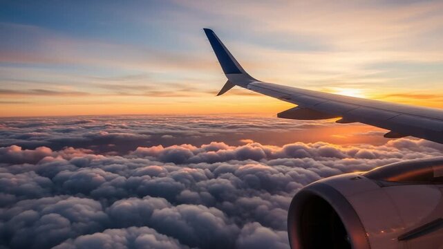 Soaring Above the Clouds: A breathtaking aerial view captures the wing of a commercial airplane slicing through a sea of fluffy clouds, illuminated by the warm, golden hues of a setting sun.