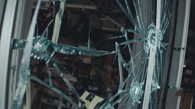 Shattered glass fragments and yellow caution tape marking a restricted area within a damaged warehouse, indicating an aftermath of destruction, accident, or potential crime scene
