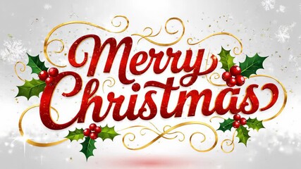 Elegant red and gold merry christmas typography with holly berries and swirls on light background merry christmas - Powered by Adobe