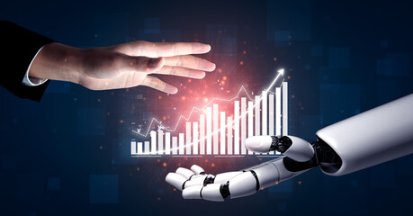 A hand reaching towards a robotic hand symbolizes the collaboration between humans and technology driving business growth. The graph in the background highlights progress and innovation. Impute