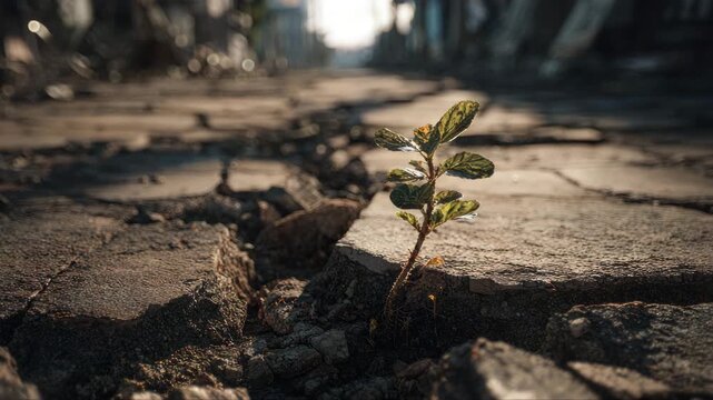 Resilient green plant emerges from cracked pavement, showcasing nature's persistence in urban decay, with gradual camera zoom emphasizing growth and survival