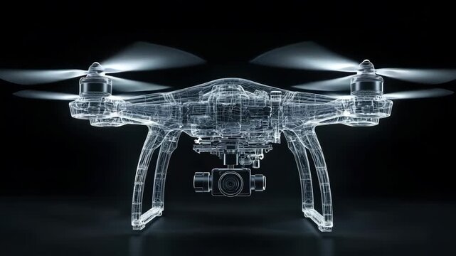 Futuristic transparent digital drone model on dark background with glowing structure, technology innovation, 3D design, engineering visualization, artificial intelligence and modern aviation concept.