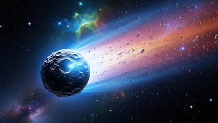 A vibrant comet with a glowing blue core streaks through the star-filled cosmos. Its brilliant, colorful tail illuminates deep space, depicting a powerful and dynamic celestial event