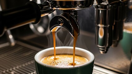Espresso brewing into a cup from a machine