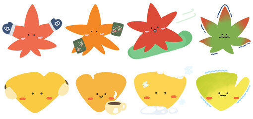 Obraz premium Cute Winter Maple and Ginkgo Leaf Characters – Scarf, Hot Pack, Cocoa