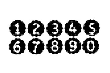 Halftone circle icons with numbers from 0 to 9 in bold black dot pattern, retro graphic style for design, UI elements, signage and infographic decoration.