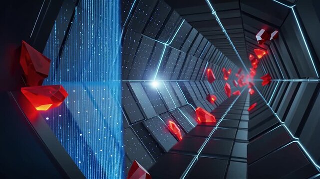 Abstract Futuristic Cyber Tunnel with Cascading Blue Data Stream and Exploding Red Shards, Leading to a Bright Digital Horizon