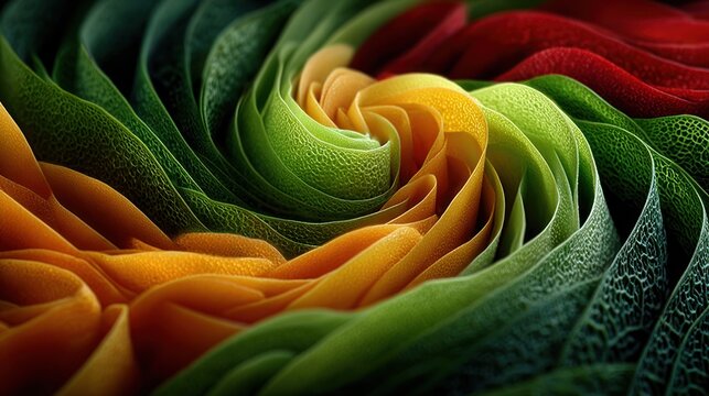 Abstract swirls of vibrant leaves, intricate patterns in greens, oranges, reds, and yellows