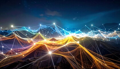 Abstract mountain landscape overlayed with glowing interconnected lines, against a starry sky