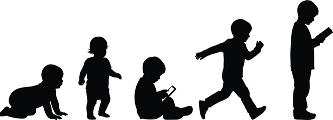 Child development silhouette, growth stages icon, early childhood progression, black illustration, behavioral milestone poses, learning and play concept, physical activity timeline