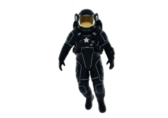 lone astronaut in a sleek black spacesuit with an iridium gold visor, dynamically floating against a transparent background with strong rim light and vast copy space. concept of majestic space