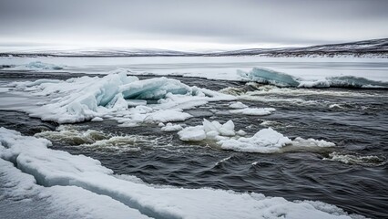 Obraz premium Jagged Ice Chunks Floating In A Chilling River