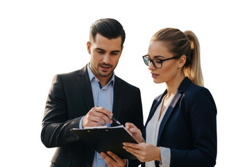 Business professionals collaborating on a document isolated on transparent background