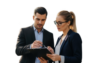 Business professionals collaborating on a document isolated on transparent background