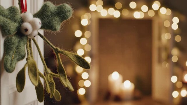 Knitted mistletoe toy decoration for festive holiday season. Christmas or New Year celebration with decorative elements. Cozy winter home decor concept.