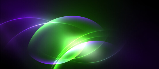 Abstract glowing shapes overlap, creating vibrant green, purple hues. Dark background emphasizes luminosity, smooth transitions present.