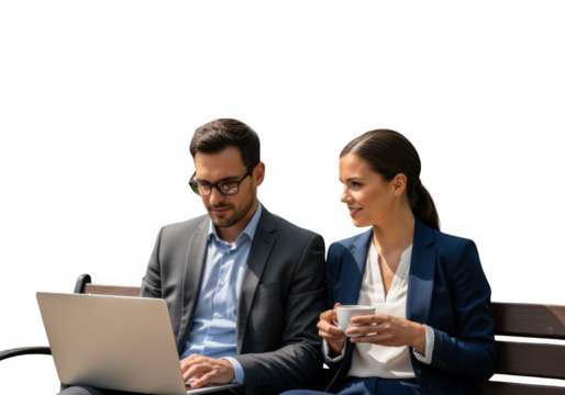 Man and woman in business attire collaborating on a laptop outdoors isolated on transparent background - Powered by Adobe