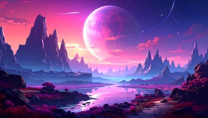 A fantasy landscape featuring a large planet in a pink sky reflected in water with mountains and colorful foliage