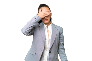 Young Arabian woman over isolated chroma key background covering eyes by hands. Do not want to see something