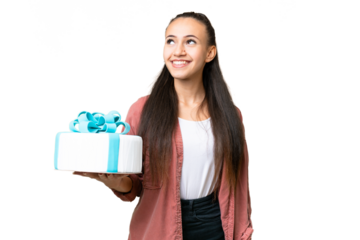 Young Arabian woman holding birthday cake over isolated chroma key background thinking an idea while looking up