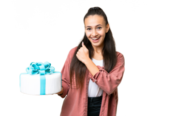 Young Arabian woman holding birthday cake over isolated chroma key background celebrating a victory