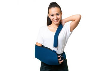 Young Arabian woman with broken arm and wearing a sling over isolated chroma key background laughing