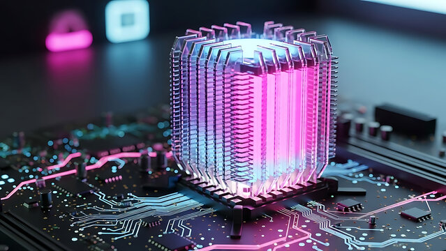 Futuristic CPU Cooler with Neon Lighting on High-Tech Motherboard