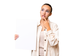 Young Arab woman over isolated background holding an empty placard and thinking