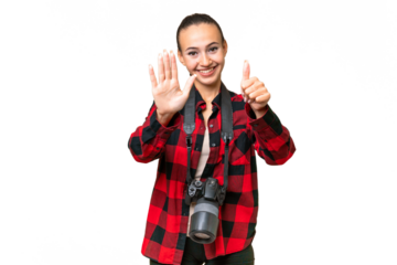 Young photographer Arab woman over isolated background counting six with fingers