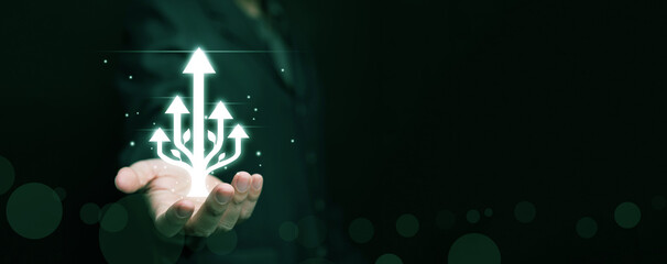 A glowing multiple upward arrows emerging like tree branches. Multidimensional growth, expanding opportunities, innovation, sustainability, and forward progress in personal and professional fields.