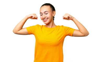Young Arab woman over isolated background doing strong gesture