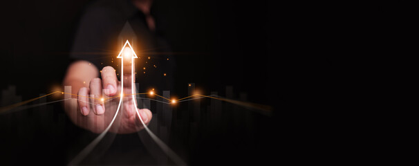A hand slides a glowing arrow up. Growth and success concept for mindset, continuous improvement, innovation, progress, and expanding opportunities across personal, business, and professional fields.