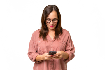 Middle-aged caucasian woman over isolated background sending a message with the mobile