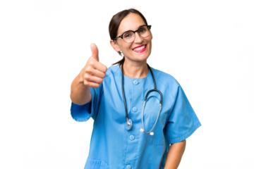 Middle-aged nurse woman over isolated background with thumbs up because something good has happened