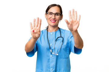 Middle-aged nurse woman over isolated background counting nine with fingers