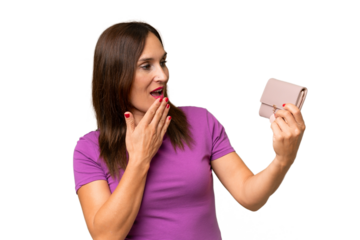 Middle-aged caucasian woman holding a wallet over isolated background with surprise and shocked facial expression