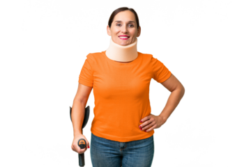 Middle-aged caucasian woman wearing neck brace over isolated background posing with arms at hip and smiling