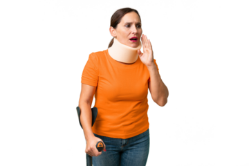 Middle-aged caucasian woman wearing neck brace over isolated background shouting with mouth wide open to the side