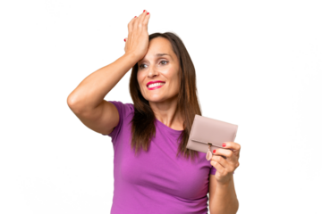 Middle-aged caucasian woman holding a wallet over isolated background has realized something and intending the solution