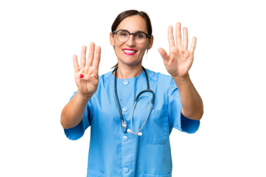 Middle-aged nurse woman over isolated background counting nine with fingers