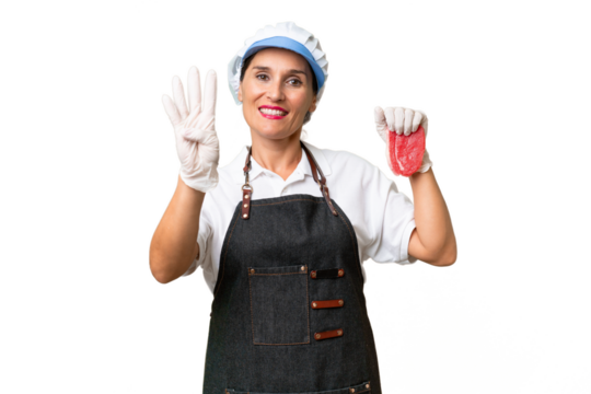 Butcher woman wearing an apron and serving fresh cut meat over isolated background happy and counting four with fingers - Powered by Adobe