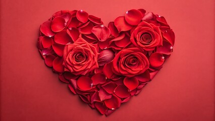 Red rose petals and three vibrant red roses arranged meticulously into a heart shape, symbolizing deep love, romance, passion, and affection for special occasions.