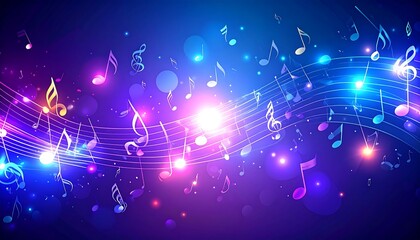 Abstract music notes float on waves of light in shades of purple and blue