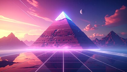 A pyramid sits on a neon grid under a vibrant pink and purple sunset with distant mountains
